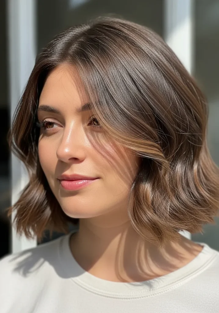 A woman with a caramel brown wavy bob with soft polished waves and a natural shine.