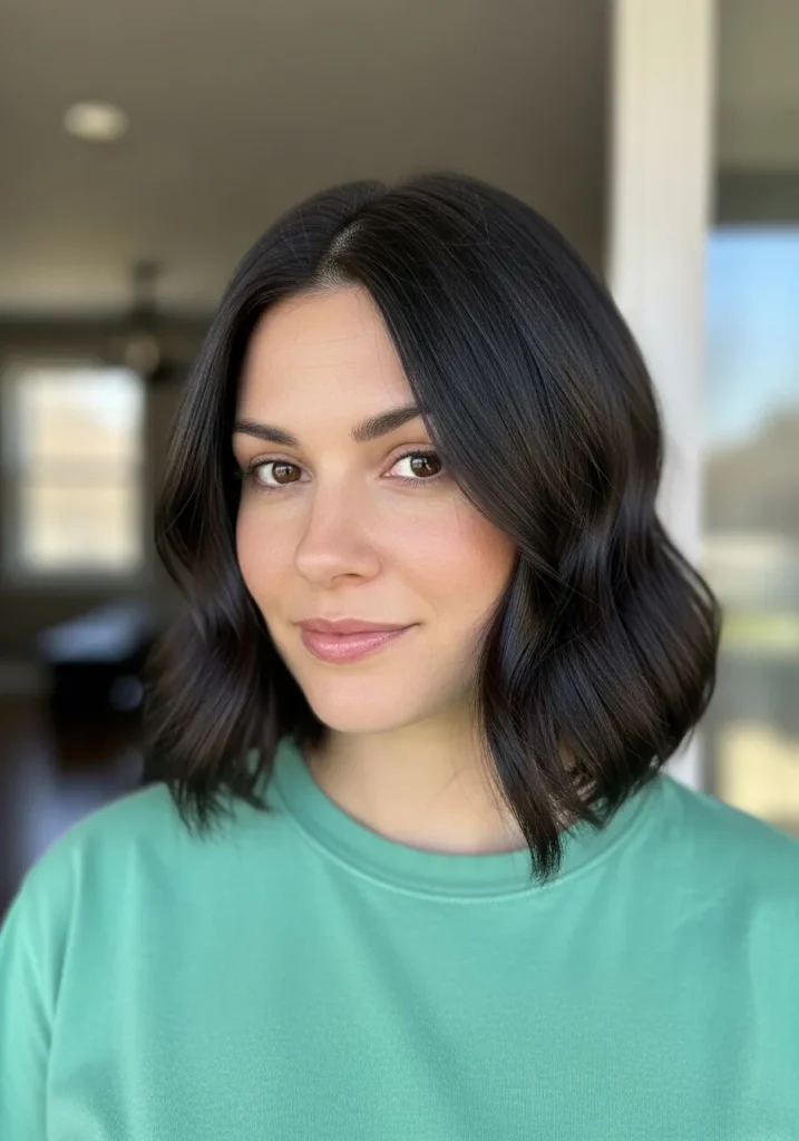 A woman with a dark wavy bob with a center part and sleek defined waves.