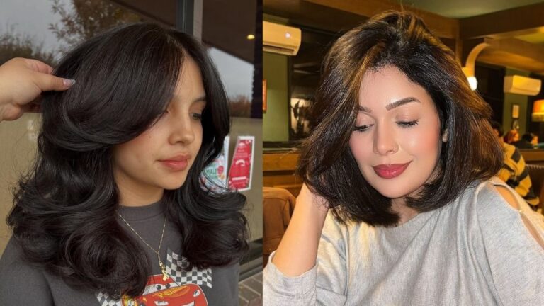 18 Popular Haircut Trends Everyone Loves Right Now Two women showcasing popular dark brunette hairstyles — one with long, voluminous beach waves and curtain bangs, and the other with a sleek, shoulder-length blunt bob with a side part.