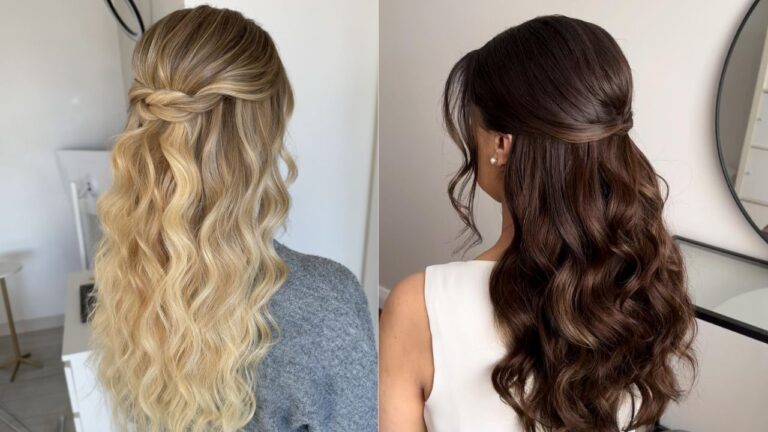 Long wavy hair styled in a twisted half up half down look with soft flowing curls in blonde and brunette tones.