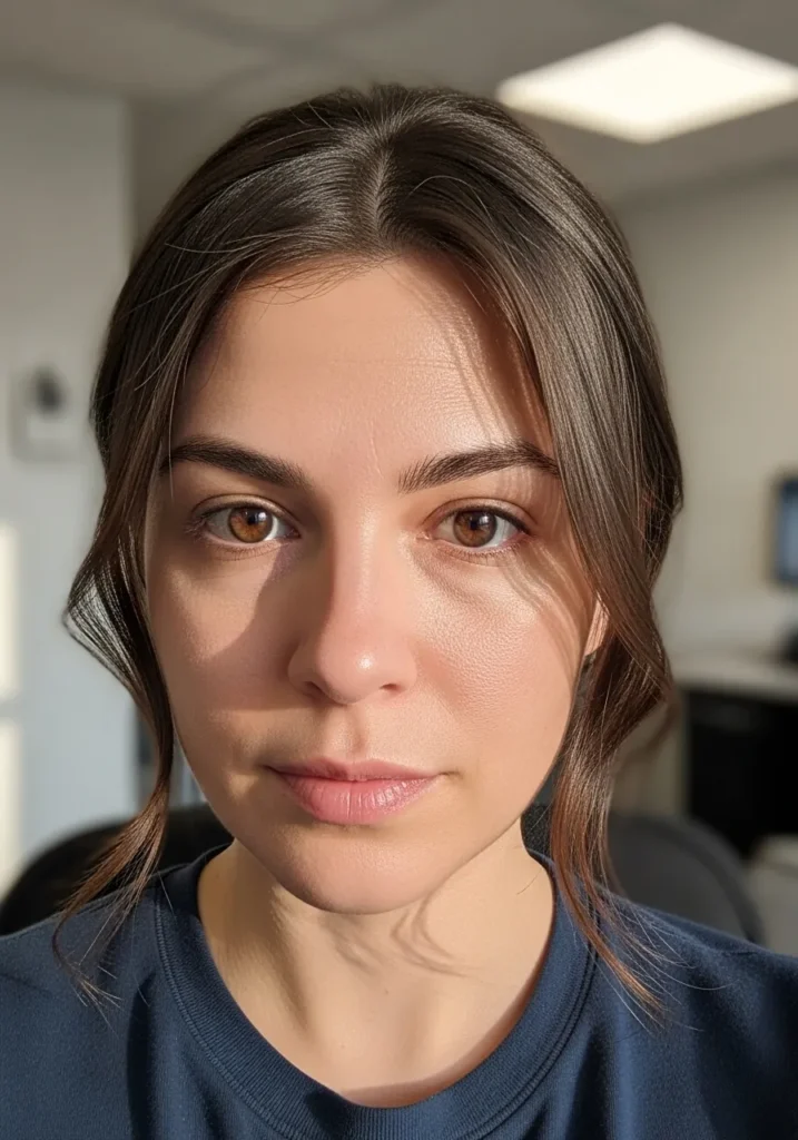 Medium brown hair with a center part and loose face framing strands pulled back casually.