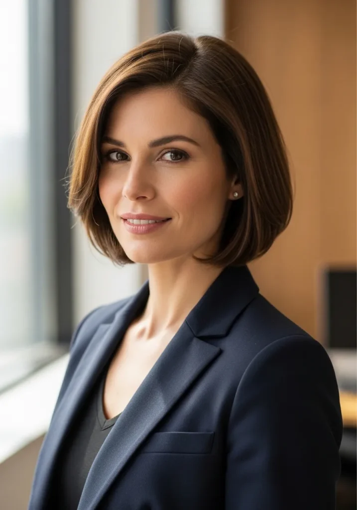 Short brunette bob with a sleek finish and a deep side part.