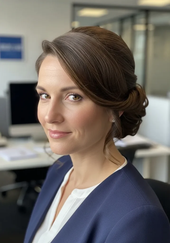 Brunette hair styled into a neat low twisted updo with a soft polished finish.