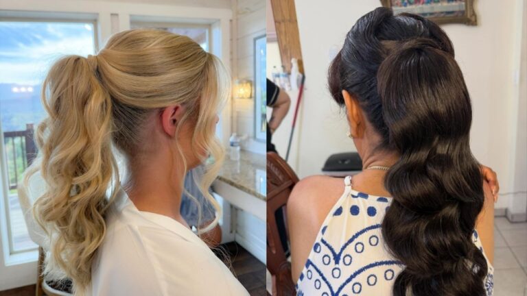 Fast Office Hairstyles for Mornings That Feel Rushed Blonde and brunette hair styled in high ponytails with soft loose waves and smooth volume at the crown.