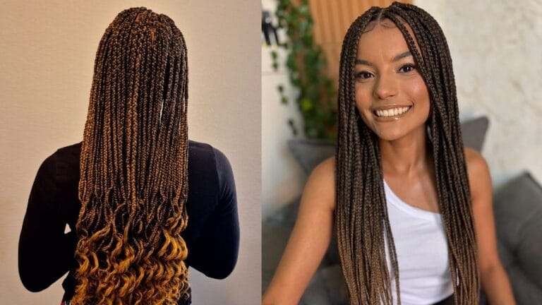 Long box braids in a warm brown ombre that transitions to golden-blonde curly ends, worn flowing past the waist and shown from both the back and front.