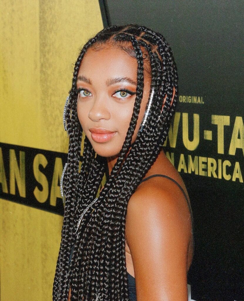 A young woman with dark mid length box braids featuring shimmering silver hair accessories woven into the front sections.