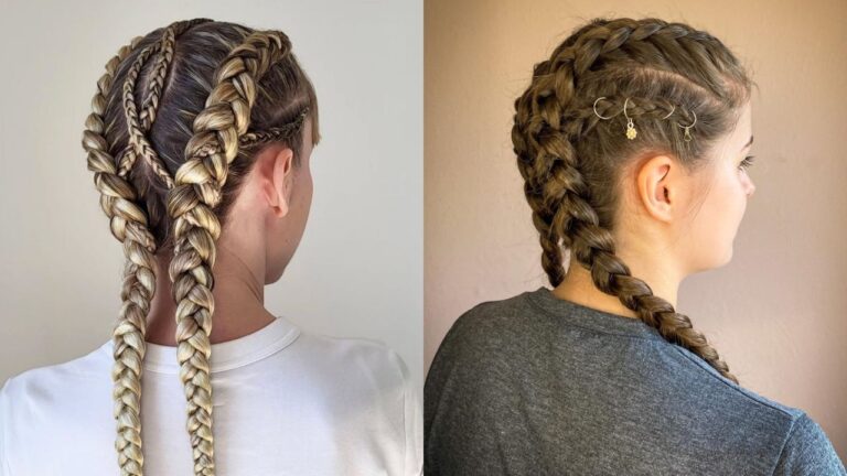 A side-by-side comparison displays two sporty double Dutch braid styles, featuring sleek blonde braids that transition into long bubbles on the left and tight brunette braids that extend into long, classic plaits on the right.