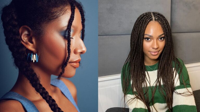 Side by side view of sleek braided pigtails with a face framing braid and long micro braids styled with a center part.