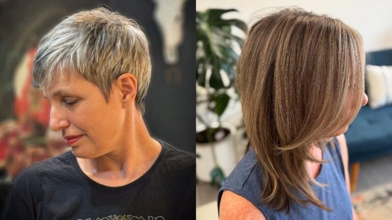 A side-by-side comparison features a short grey pixie cut with textured layers on the left and a medium-length brown hairstyle with long feathered layers and highlights on the right.