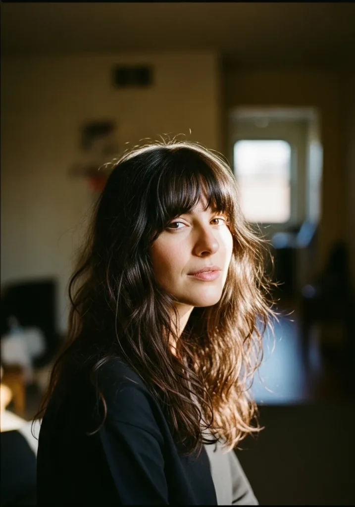 A woman with long wavy hair and a full fringe with soft layered movement.