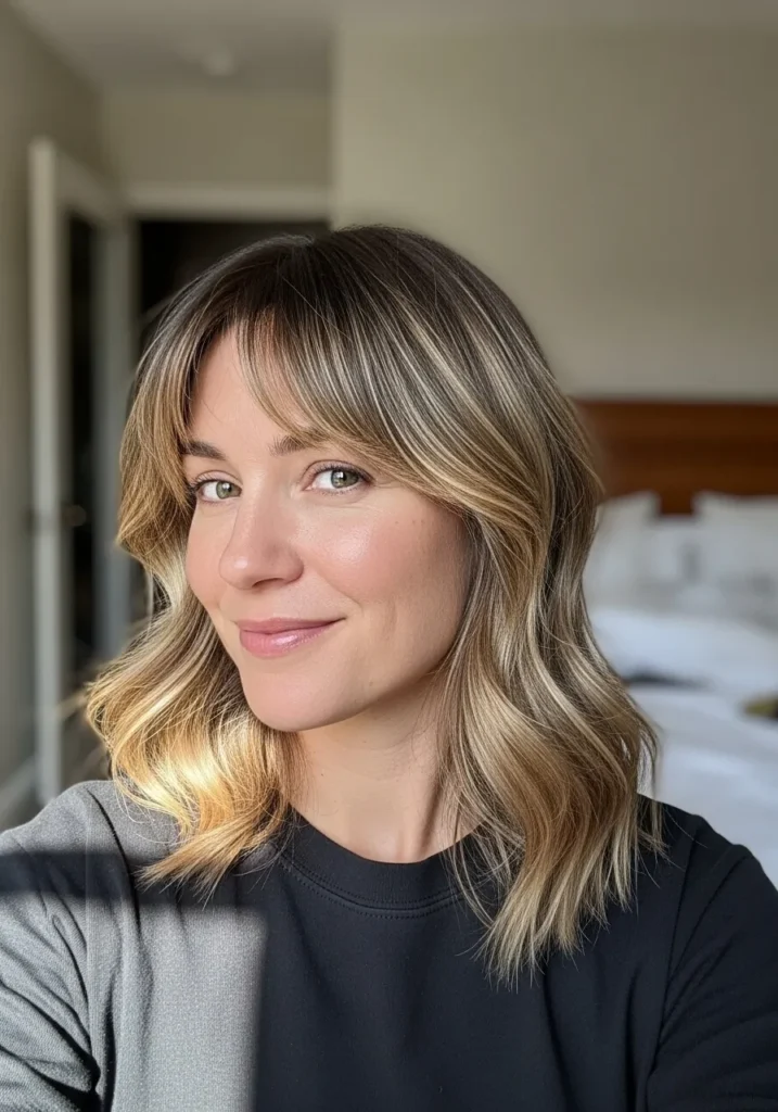 A woman with a blonde wavy lob with curtain bangs and soft waves.