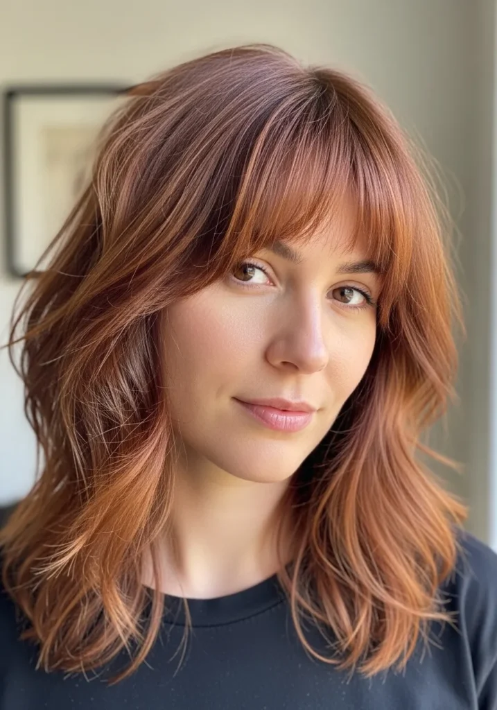 A woman with copper wavy hair with a soft fringe and layered texture.