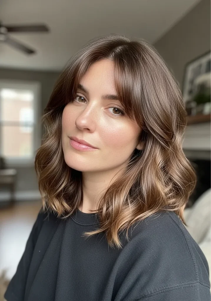 A woman with a brunette wavy lob with face framing bangs and soft waves.