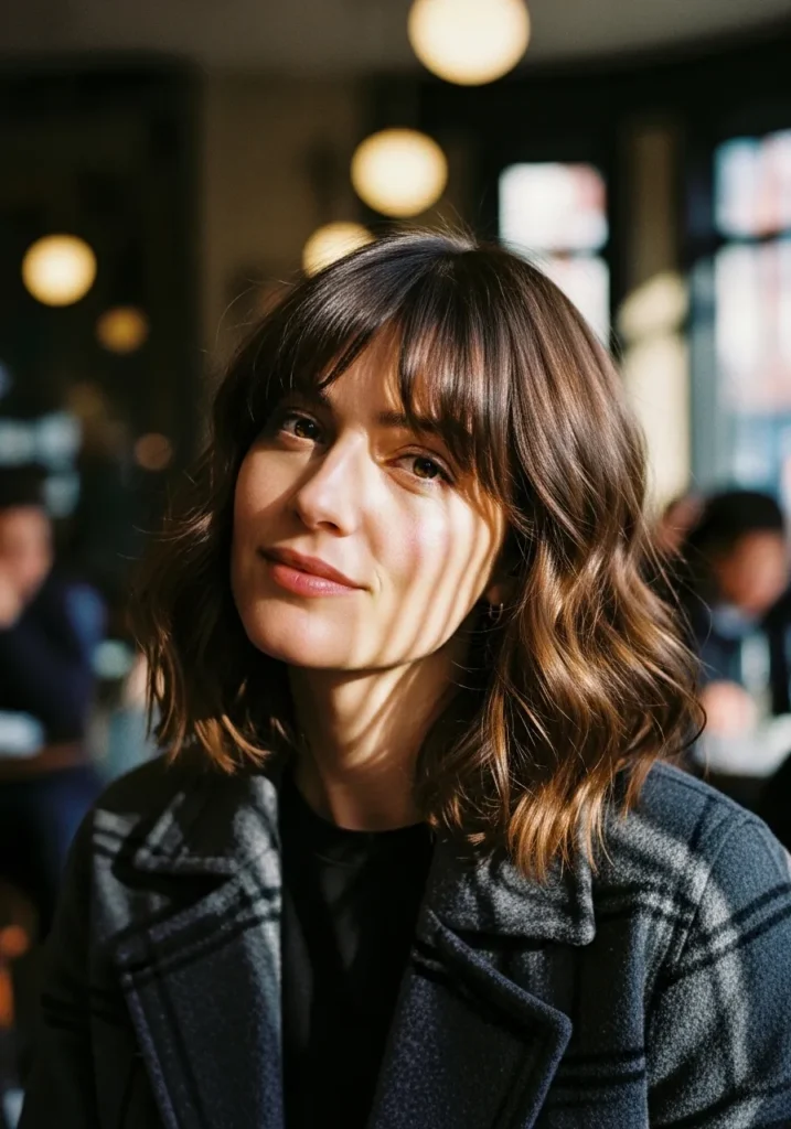 A woman with a chin length wavy bob and soft curtain bangs framing the face.