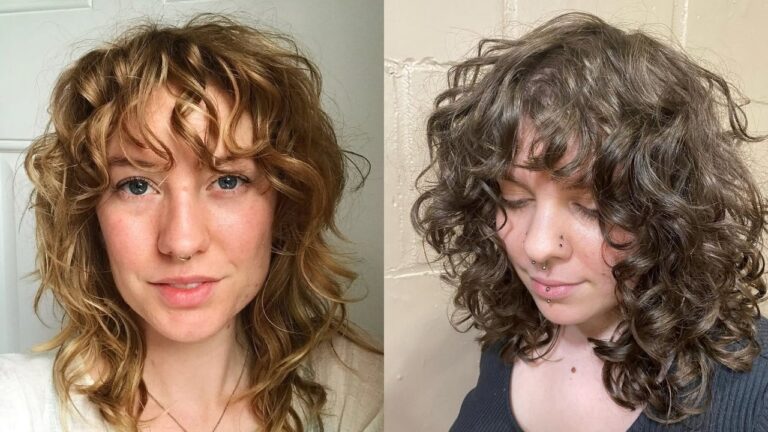 Two women with curly wavy shag hairstyles featuring layered texture and soft bangs that frame the face with natural volume and movement.