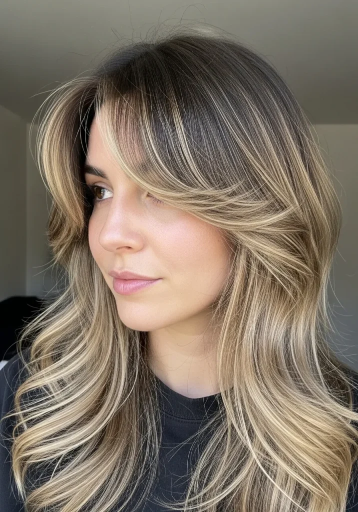 A woman with long blonde wavy hair and feathered bangs with soft layers.