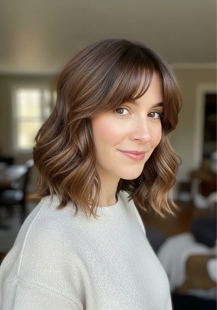 A woman with a shoulder length wavy lob and rounded bangs with soft texture.
