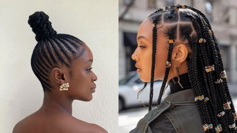 Two classic cornrow styles featuring sleek straight back braids styled into a high bun and long braids with decorative beads and clean sectioned parts.
