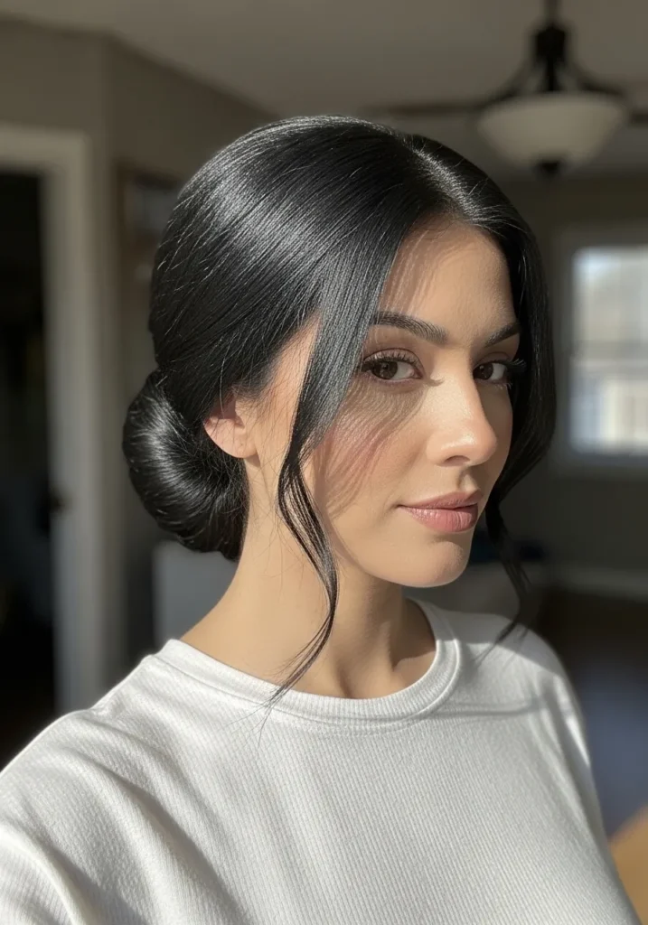 Dark hair styled in a low twisted bun with soft face framing strands.