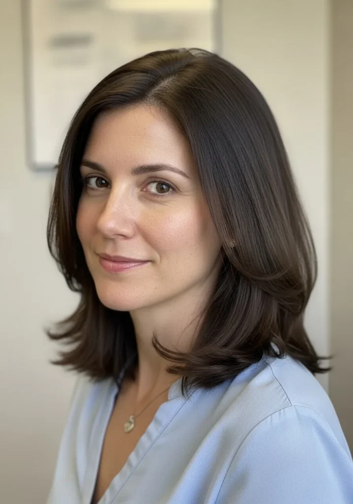Shoulder length brunette hair with soft layers and flipped ends.