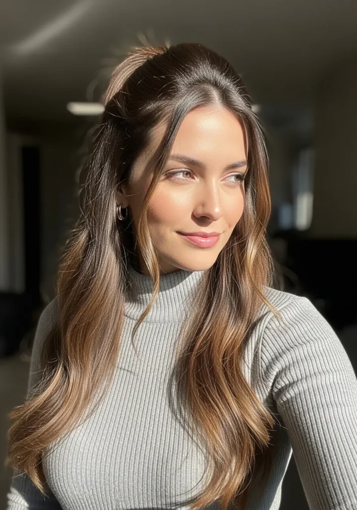 Long wavy hair styled in a half up hairstyle with soft volume.