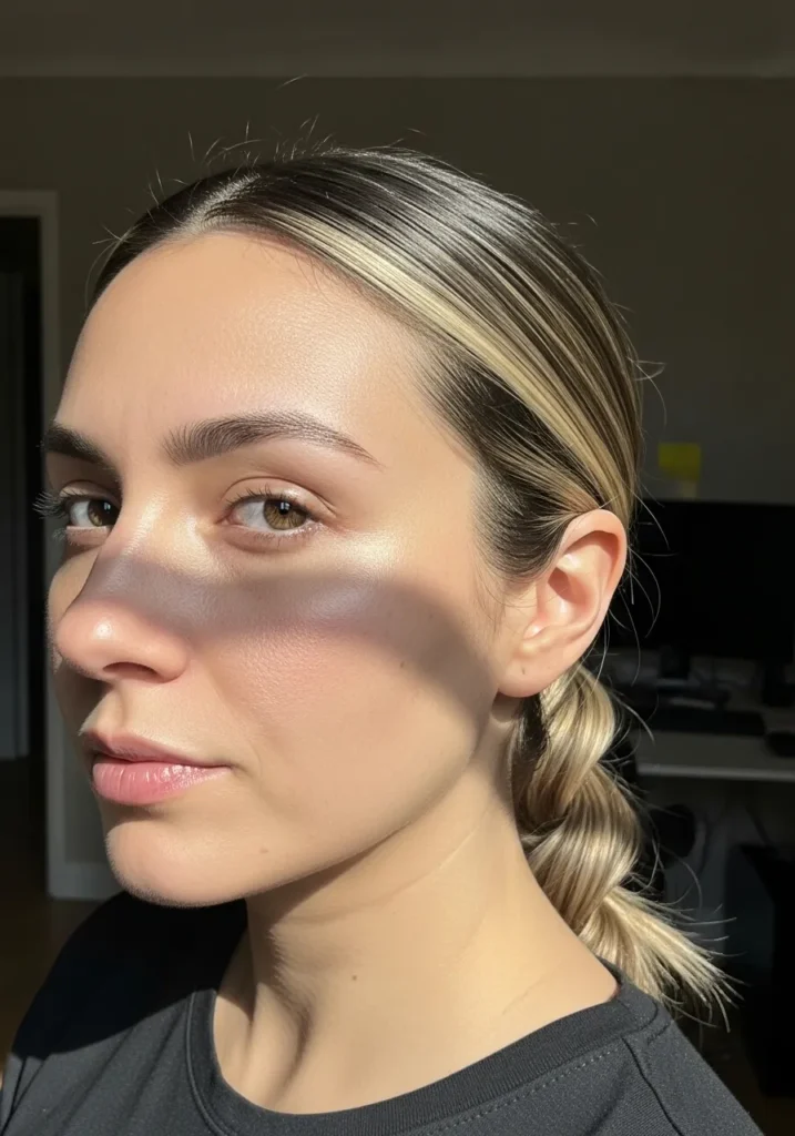 Straight hair in a low braid with a center part and smooth finish.