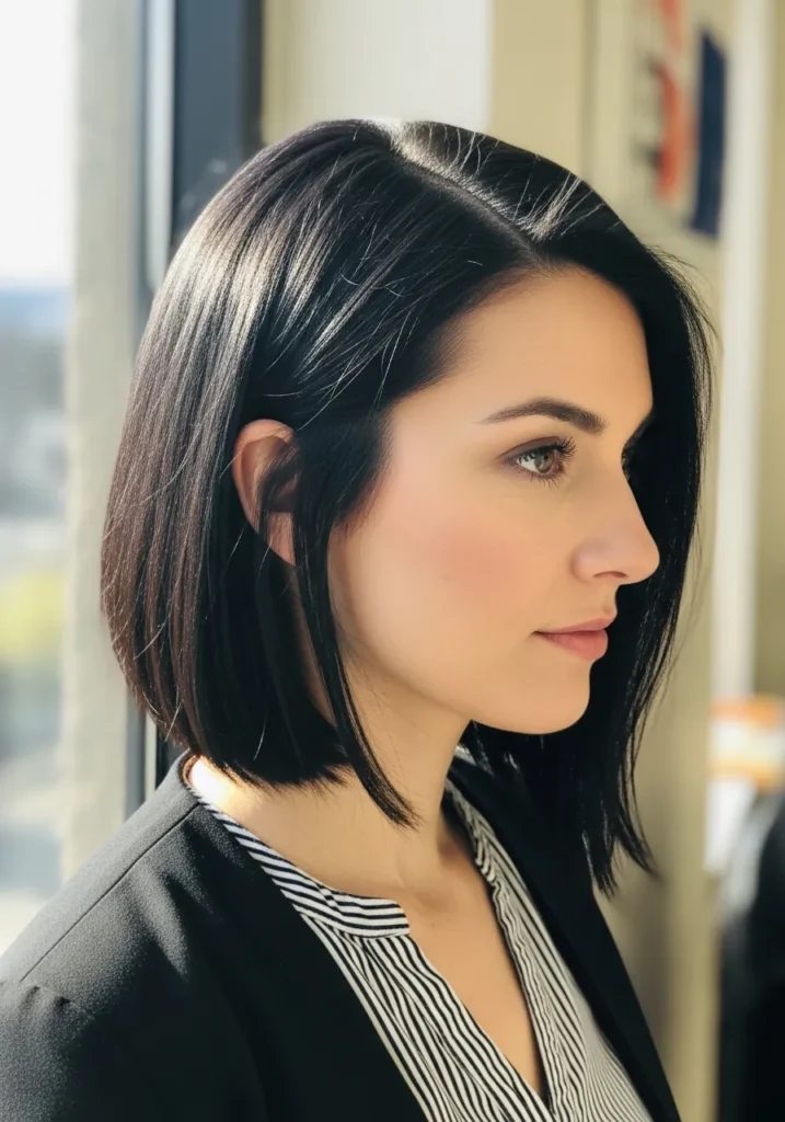Short dark bob with a side part and one side tucked behind the ear.