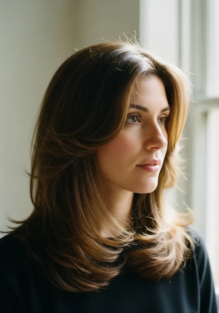 Medium length brunette hair with soft layers and a smooth blowout with gentle volume.