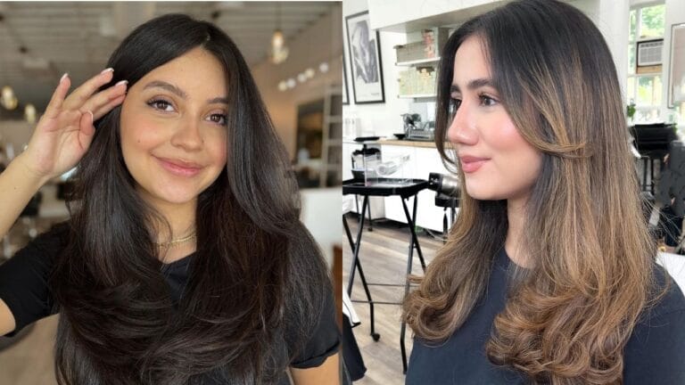 19 Clean Office Hairstyles for Everyday Wear That Never Fail Long dark layered hair styled in a smooth blowout with soft volume and gently curled ends.