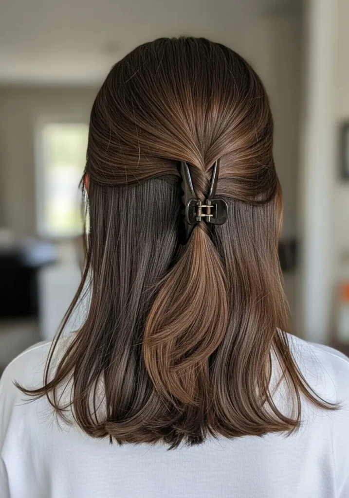 Medium length hair styled in a half up clip with a smooth top and soft ends.