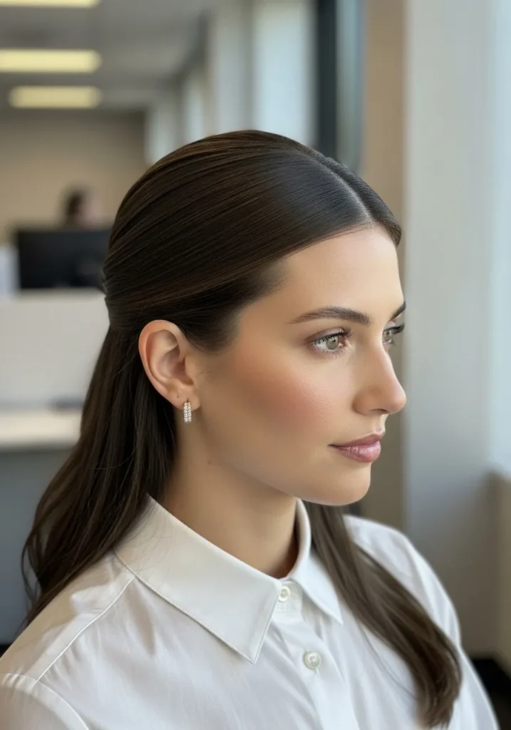 Long dark hair in a sleek low ponytail with a side part and smooth finish.