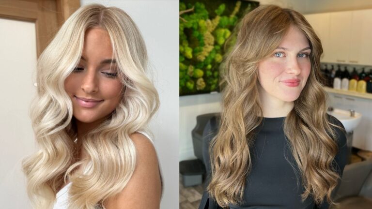 Long, voluminous beach waves in blonde and golden-brown tones, styled with soft, flowing curls that cascade past the shoulders.