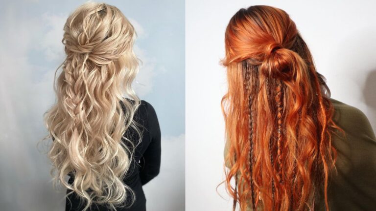 19 Dreamy Boho Long Curly Hairstyles For A Relaxed Vibe Side by side view of long wavy hair styled in boho half up looks with soft twists on blonde hair and braided details on copper red hair