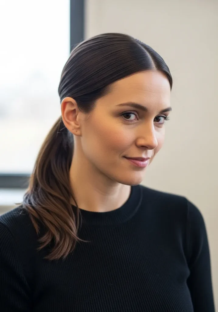 A woman with a sleek low ponytail styled with a side part and smooth finish.