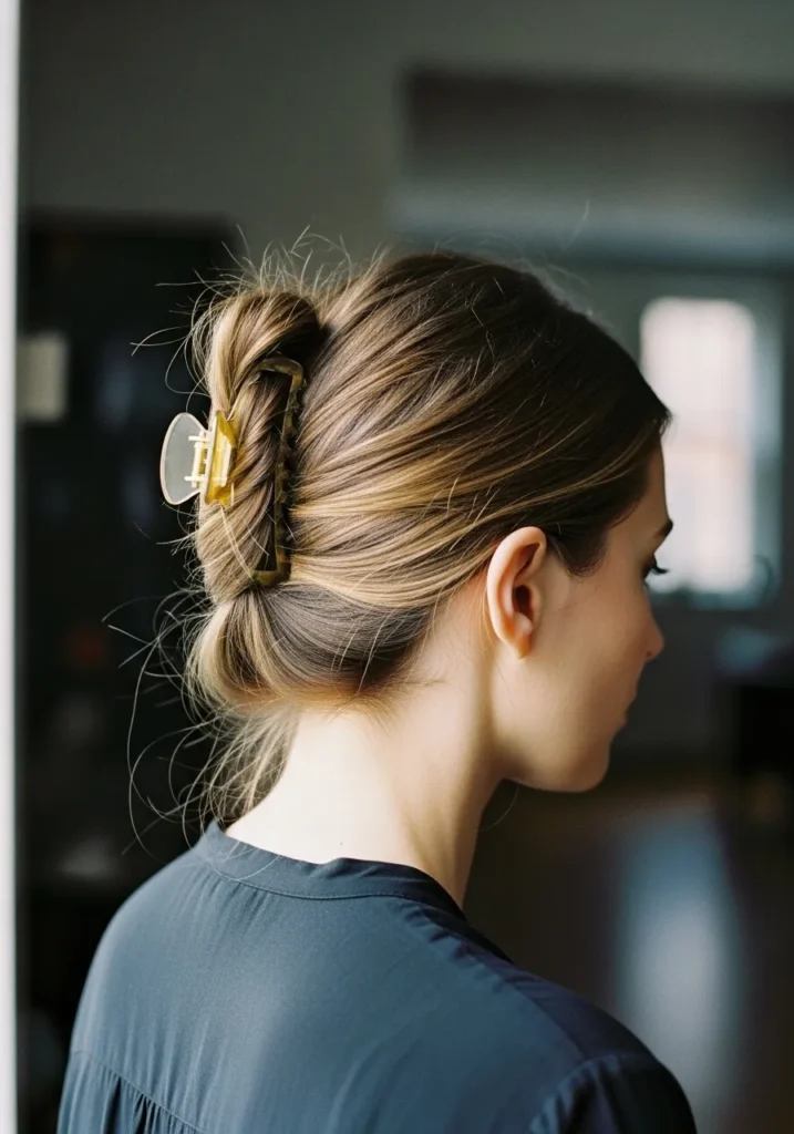A woman with hair styled in a claw clip bun with a relaxed textured finish.