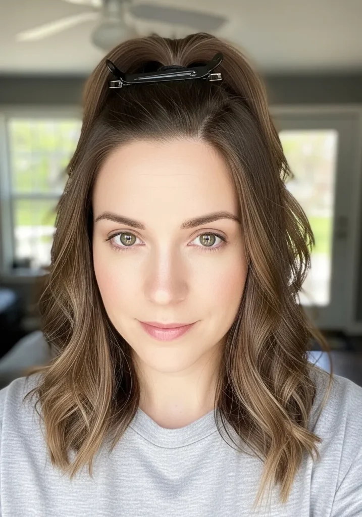 A woman with shoulder length wavy hair styled in a half up look with a small clip.