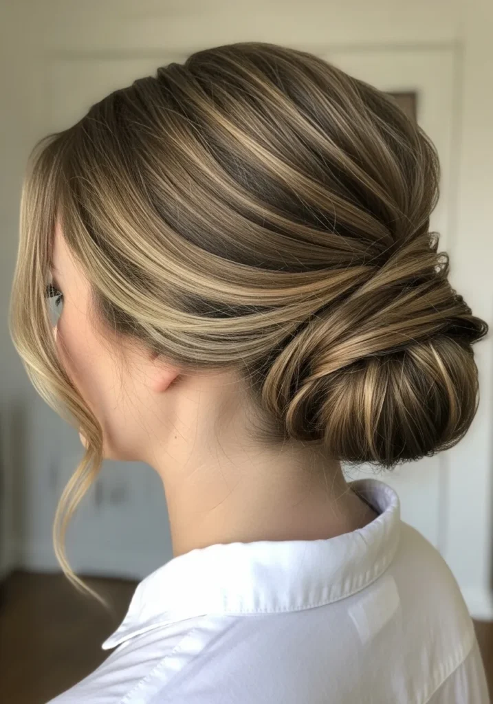 A woman with medium length hair styled in a twisted low bun with soft layers.