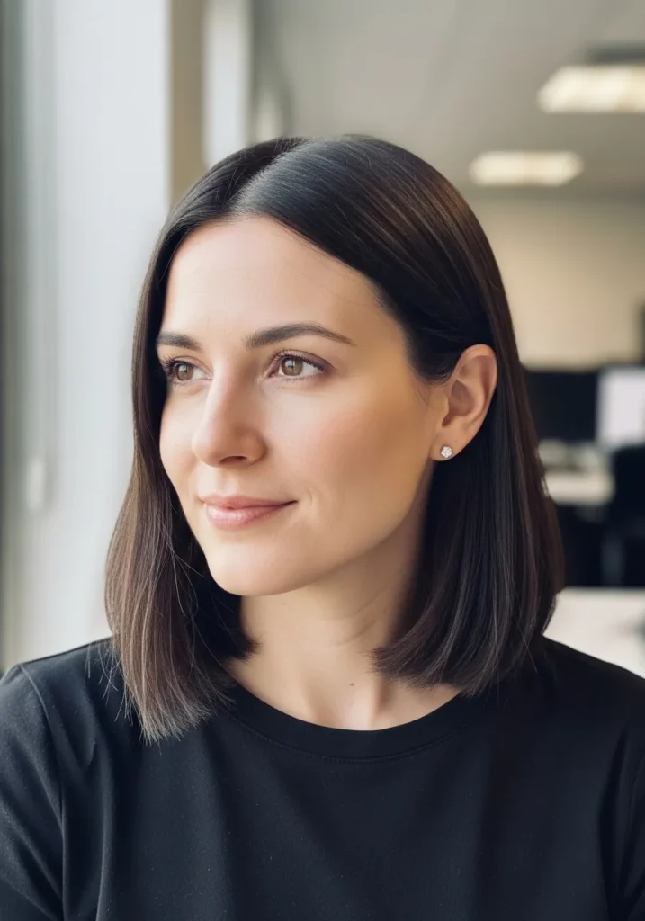 A woman with a straight blunt bob styled smooth with a clean finish.