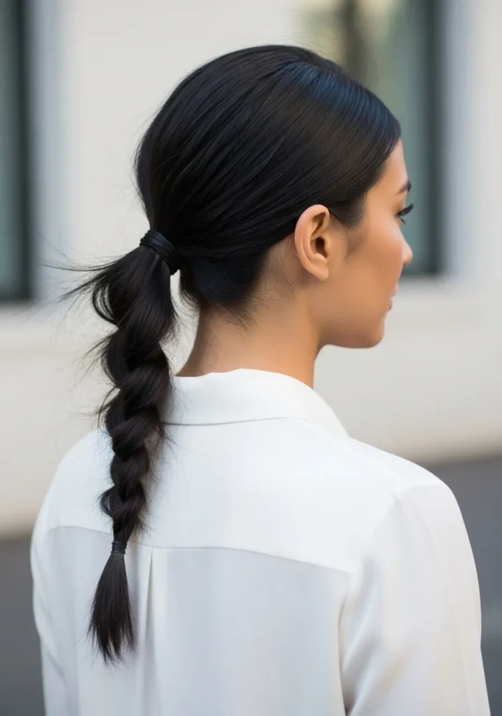 A woman with a braided low ponytail styled with a sleek crown.