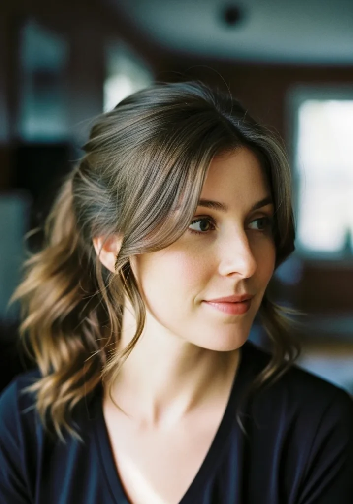 A woman with a low ponytail and soft face framing strands with gentle waves.