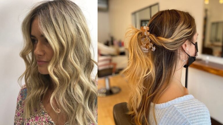 19 Effortless Work Hairstyles You Can Do Fast on Busy Mornings Two women with long blonde hair styled in soft loose waves and a half up claw clip ponytail with natural texture.