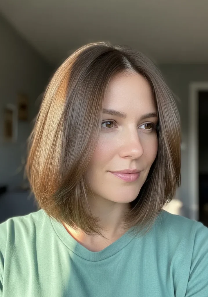 A woman with a smooth rounded bob styled with soft volume and a natural finish.