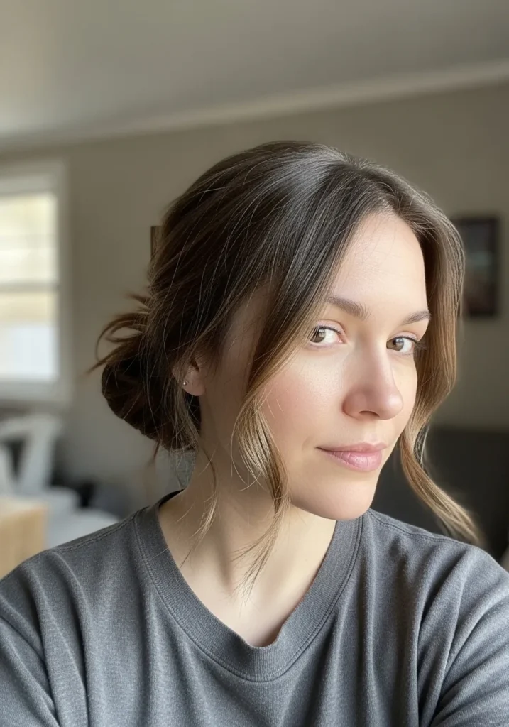 A woman with a loose low bun and soft face framing strands.