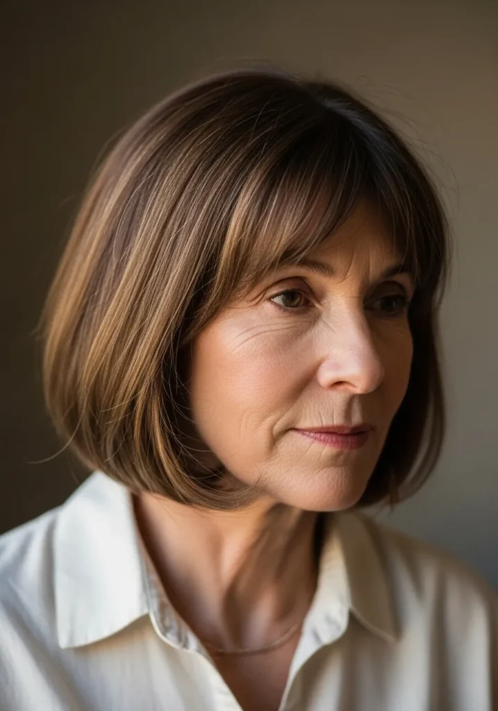 Chin-length brunette rounded bob with smooth finish and side swept bangs.