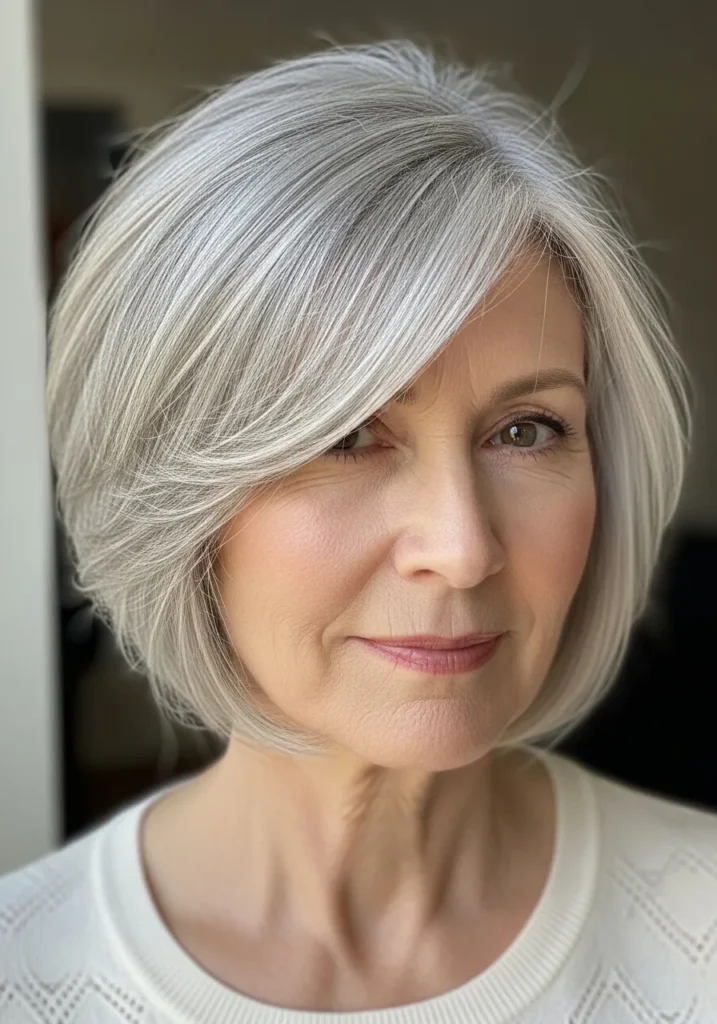 Silver chin-length bob with soft layers and a side fringe.