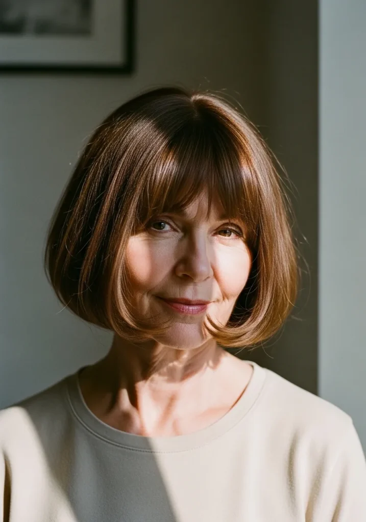 Classic brown bob with full straight bangs and a smooth finish.