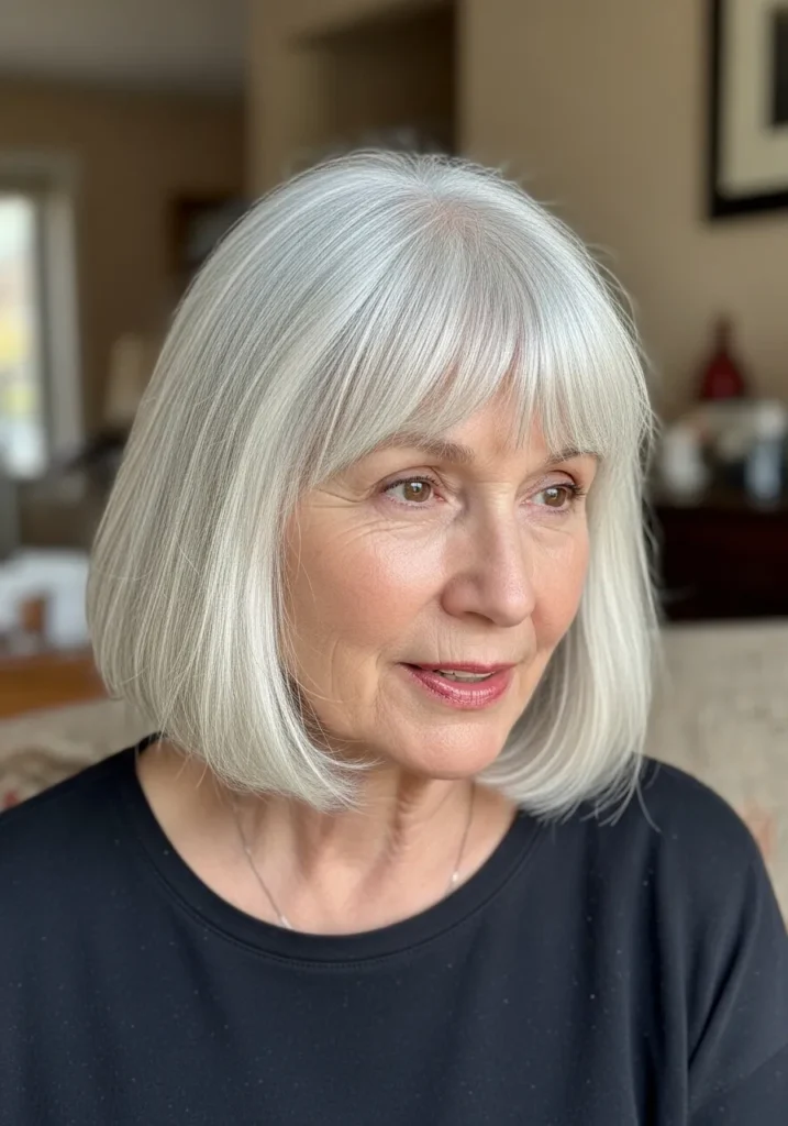 Blunt silver bob with full soft bangs and a smooth polished finish.