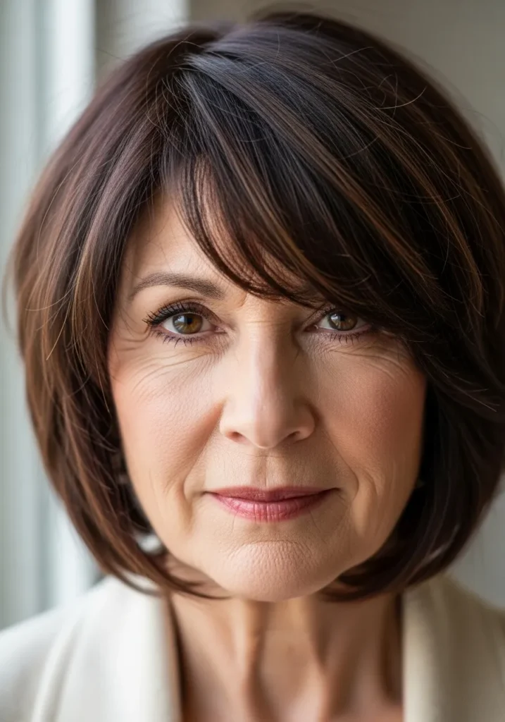 Angled brunette bob with a longer front and soft side swept fringe.
