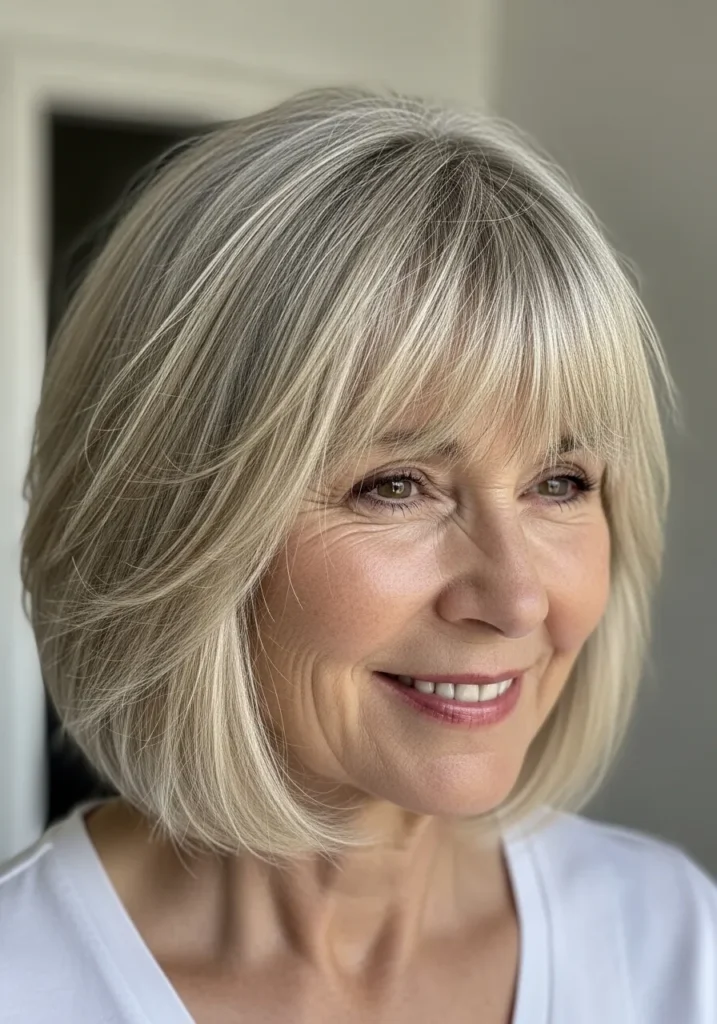 Chin-length silver layered bob with light wispy bangs and soft movement.