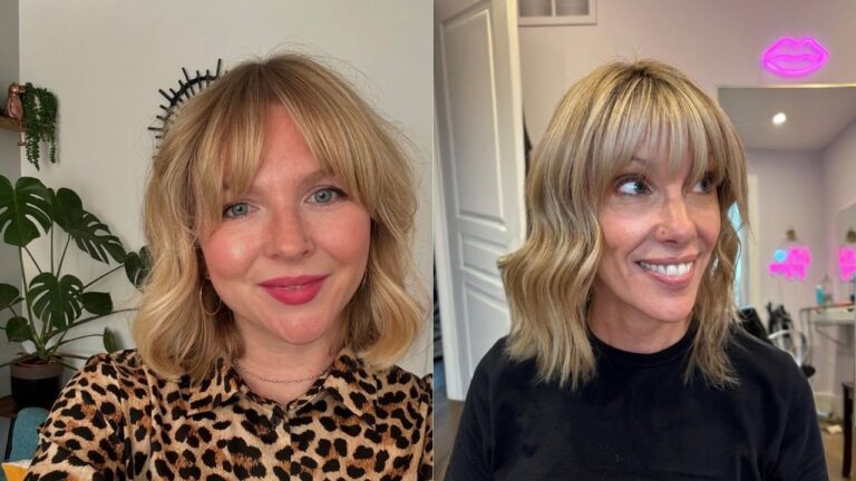 Two women with shoulder-length wavy blonde bobs styled with soft curtain bangs that frame the face and blend into loose waves.